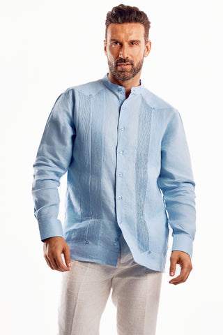 Mojito Men's Mandarin Collar Beach Wedding Guayabera Shirt 100% Linen Long Sleeve