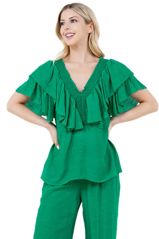 Women's Casual Resort Wear V Shaped Neckline Ruffled Top