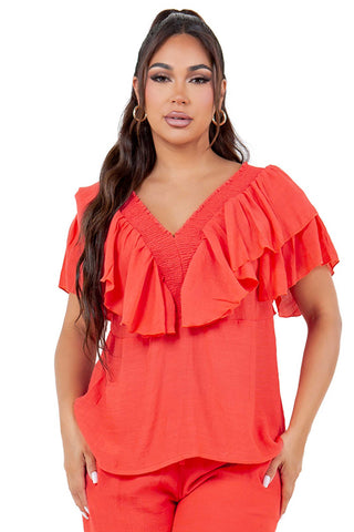 Women's Casual Resort Wear V Shaped Neckline Ruffled Top