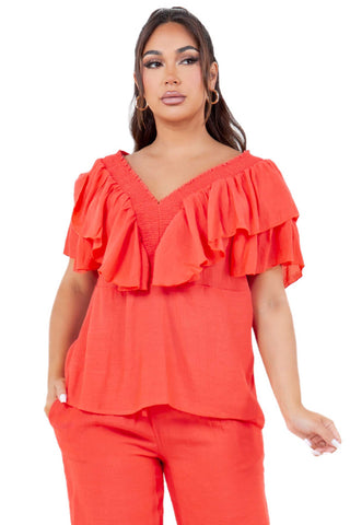 Women's Casual Resort Wear V Shaped Neckline Ruffled Top