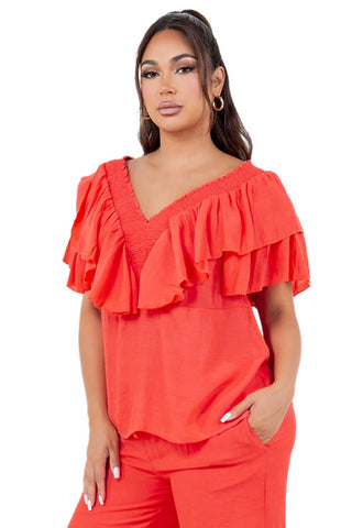 Women's Casual Resort Wear V Shaped Neckline Ruffled Top