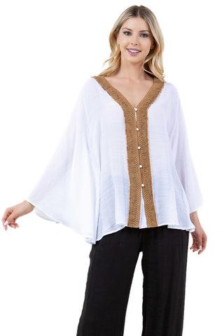 Women's Casual Resort Wear V Shaped Crochet Trimmed Neckline Dolman Sleeve Top