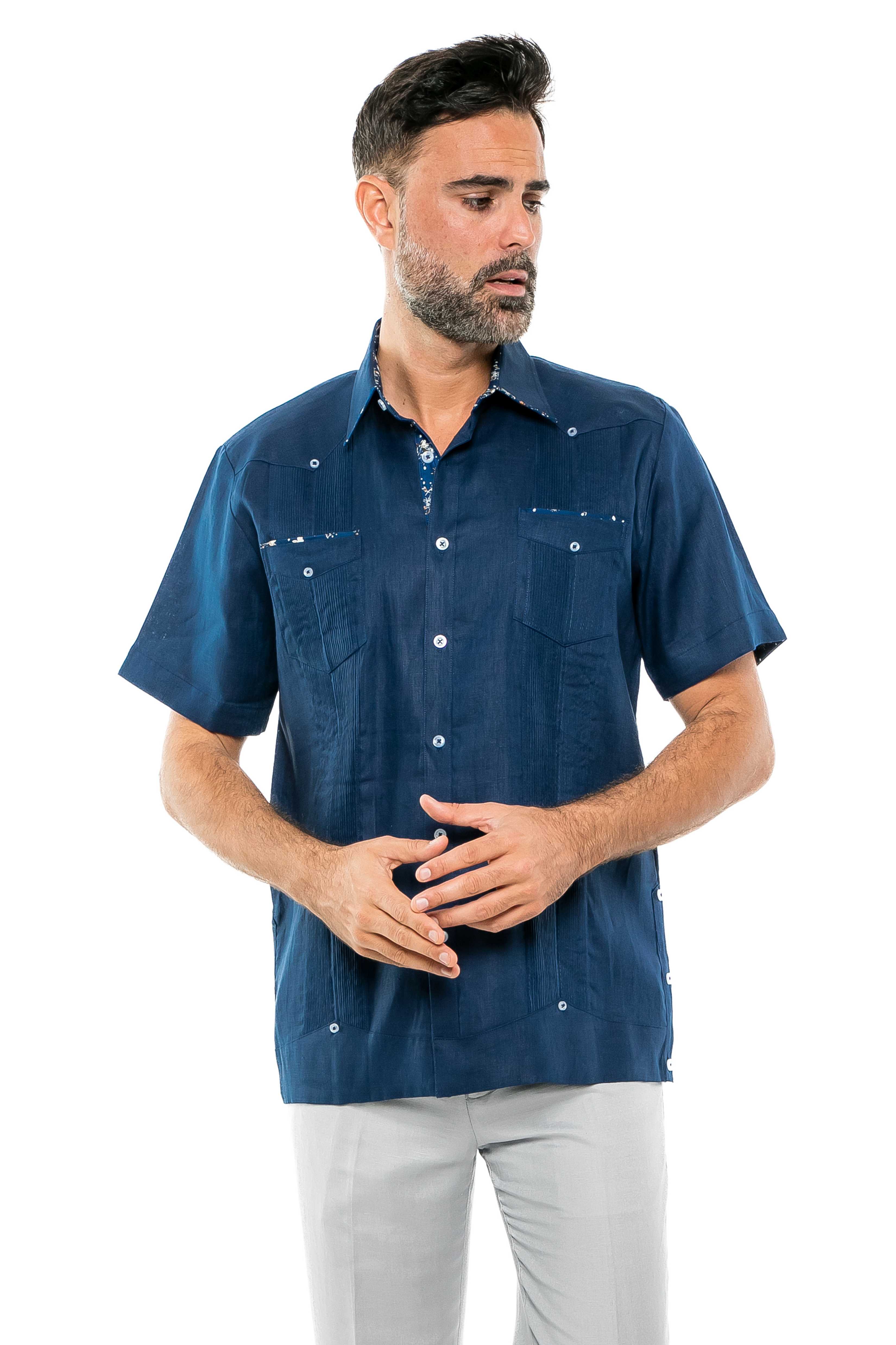 Mojito Men's Guayabera Shirt Short Sleeve 100% Linen with Stylish Print  Trim Accent